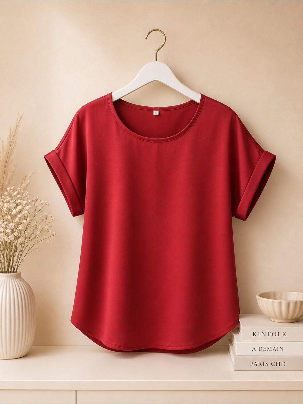 Women's Short-Sleeve Round Neck Blouse in Red